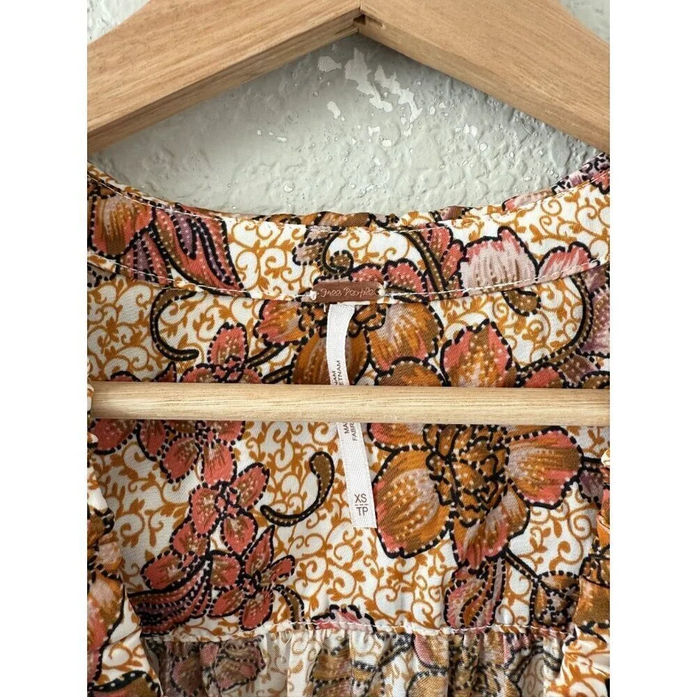 Free People I Got You Printed Top Orange Floral Ruched Boho Fall Coquette NWT XS
